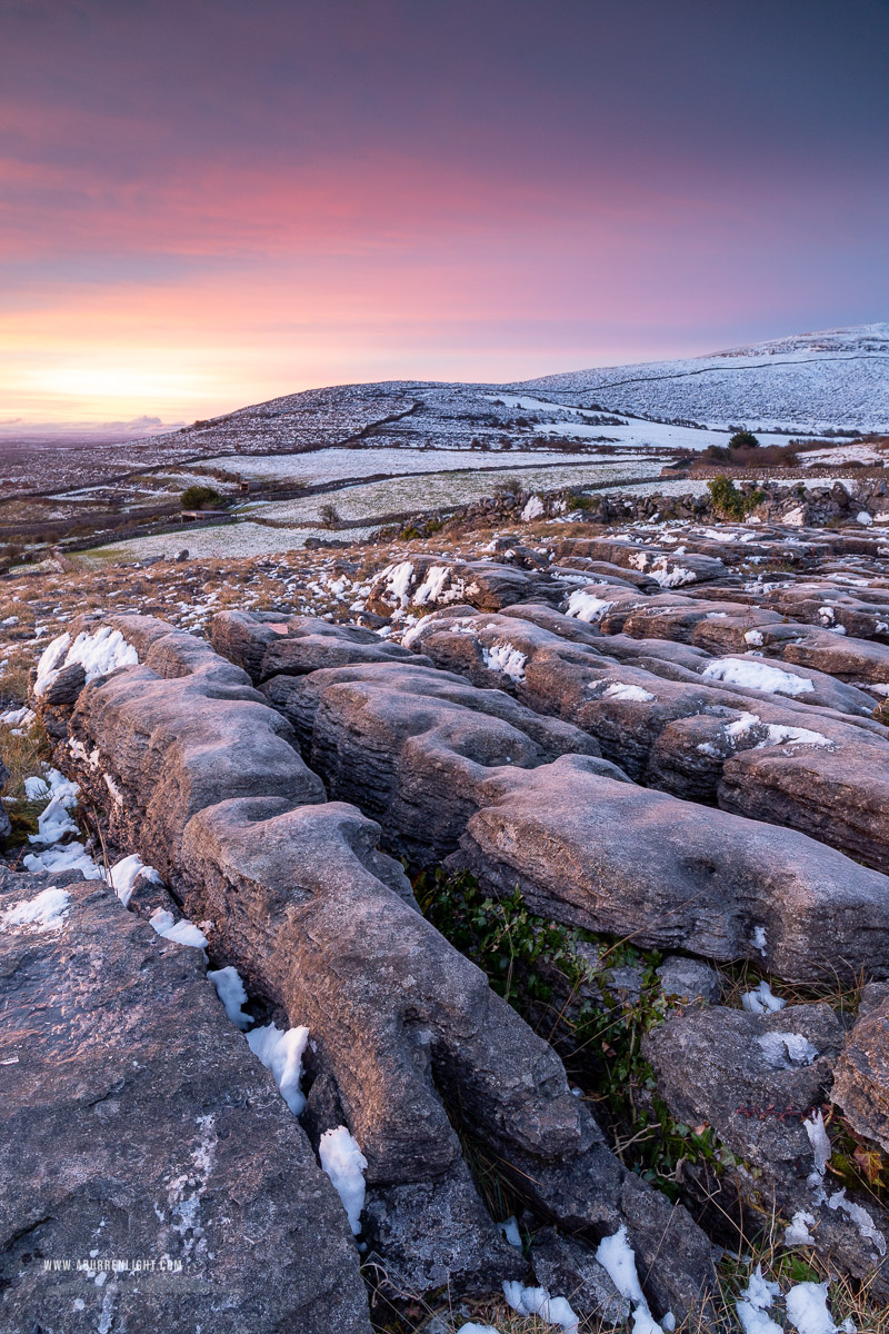 Abbey Hill Burren Clare Ireland - abbey hill,march,snow,twilight,winter,hills,pink