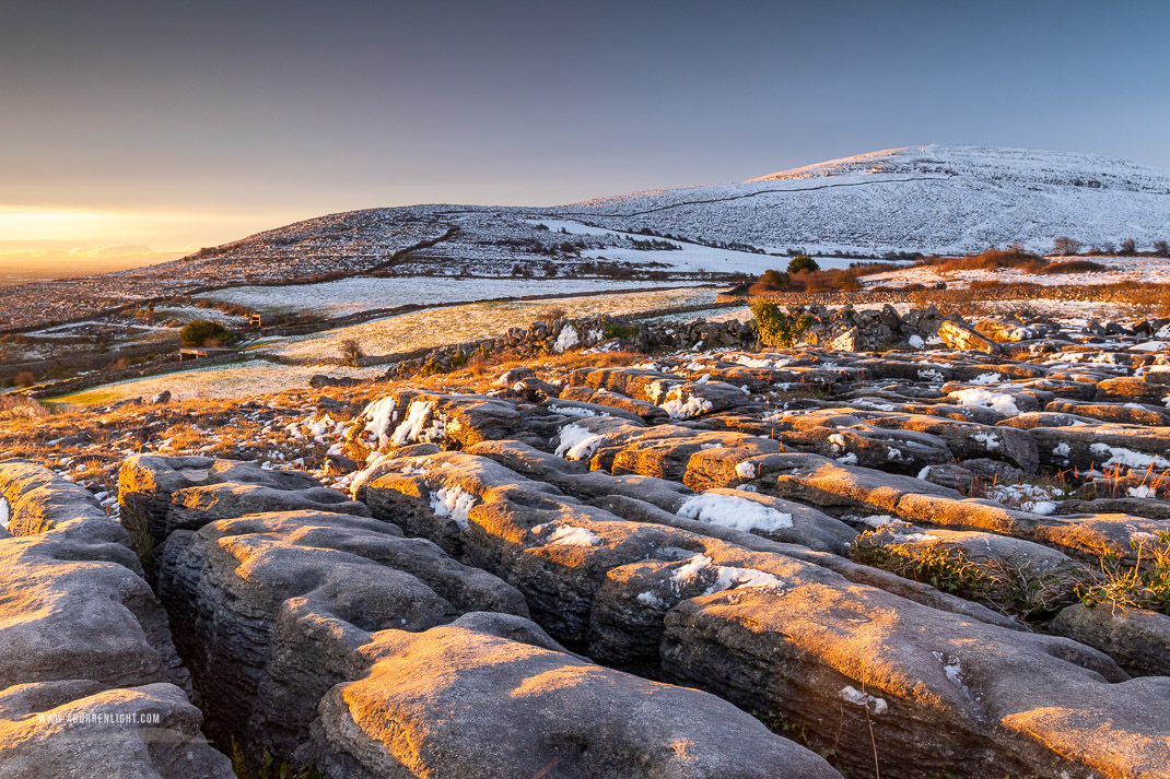 Abbey Hill Burren Clare Ireland - abbey hill,golden,march,snow,sunrise,winter,hills,golden