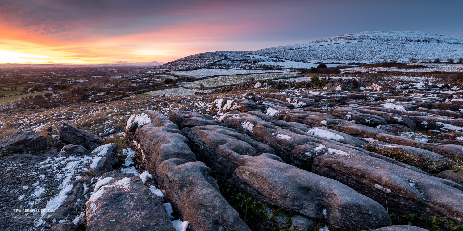 Abbey Hill Burren Clare Ireland - abbey hill,march,panorama,snow,twilight,winter,hills