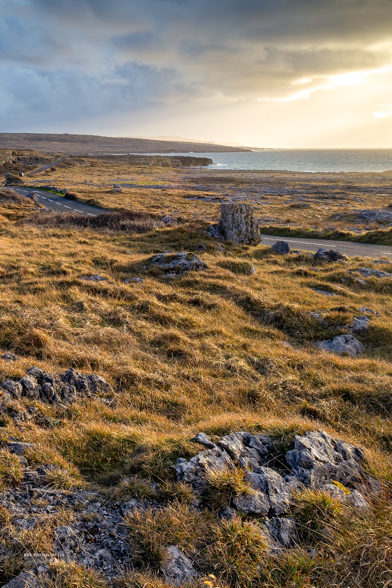 Low winter sun illuminating karst grassland and scattered limestone boulders near Fanore, County Clare.