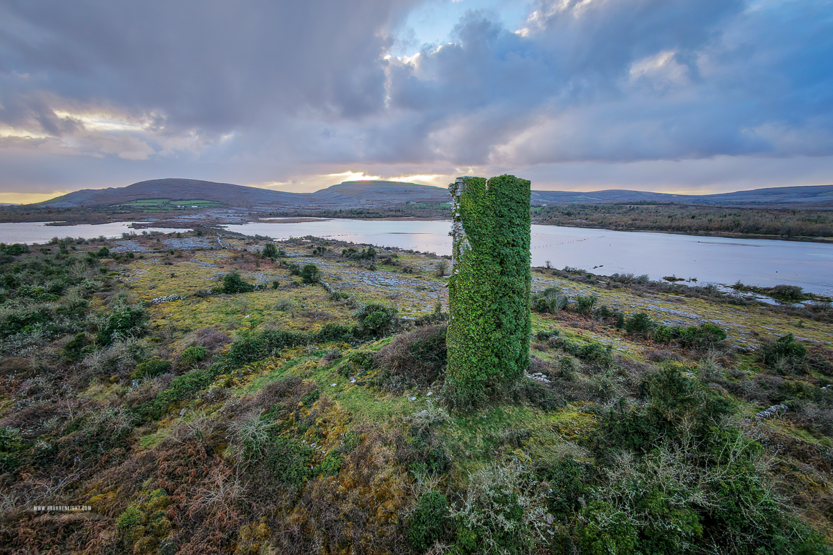Boston Clare Ireland - boston,carrownagoul,drone,february,landmark,lowlands,ruin,skaghard,sunset,tower,winter