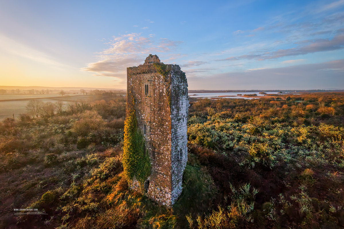 Boston Clare Ireland - boston,cloodooan,february,landmark,lowlands,ruin,skaghard,sunrise,tower,winter,drone