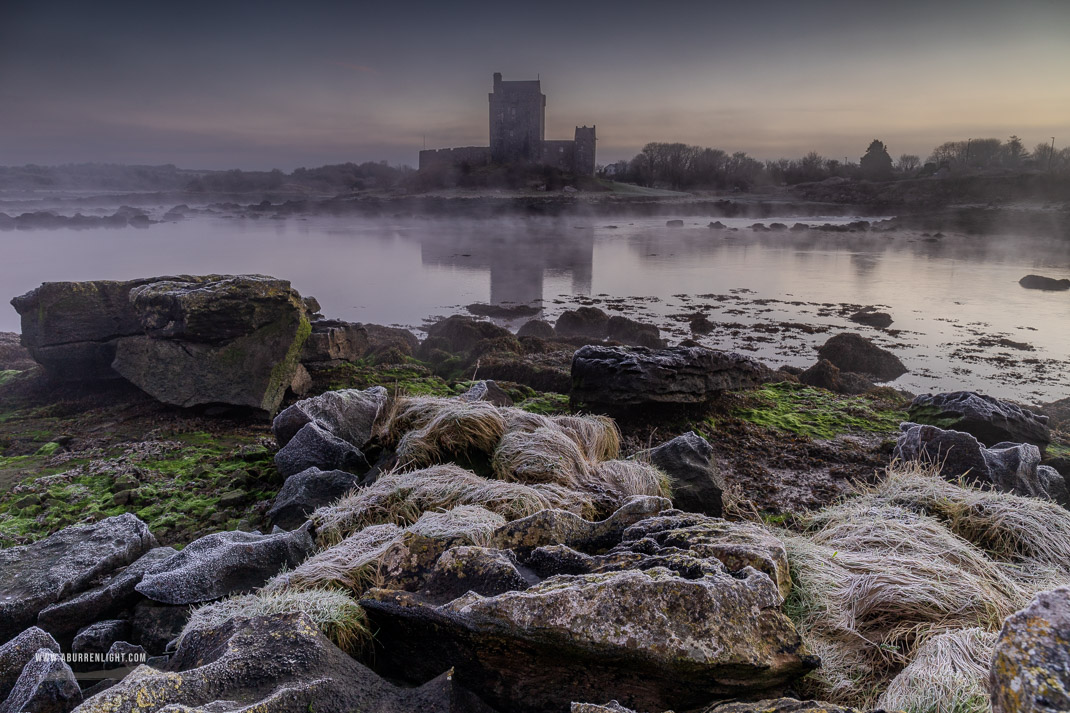 Dunguaire Castle Kinvara Clare Ireland - castle,dunguaire,frost,green algae,january,kinvara,mist,purple,reflections,twilight,winter,coast