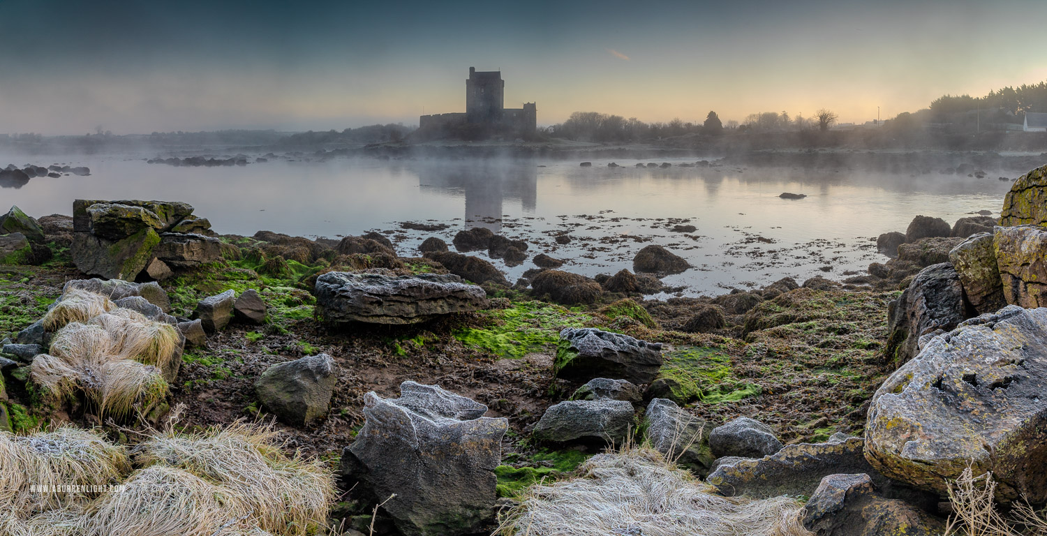 Dunguaire Castle Kinvara Clare Ireland - castle,dunguaire,frost,green algae,january,kinvara,mist,panorama,reflections,sunrise,winter,coast