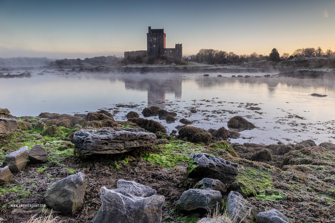 Dunguaire Castle Kinvara Clare Ireland - castle,dunguaire,frost,green algae,january,kinvara,mist,reflections,sunrise,winter,coast