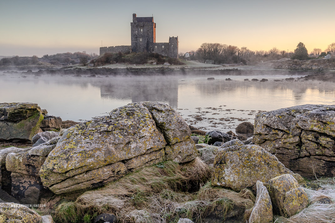 Dunguaire Castle Kinvara Clare Ireland - castle,dunguaire,frost,golden,january,kinvara,mist,reflections,sunrise,winter,coast,golden