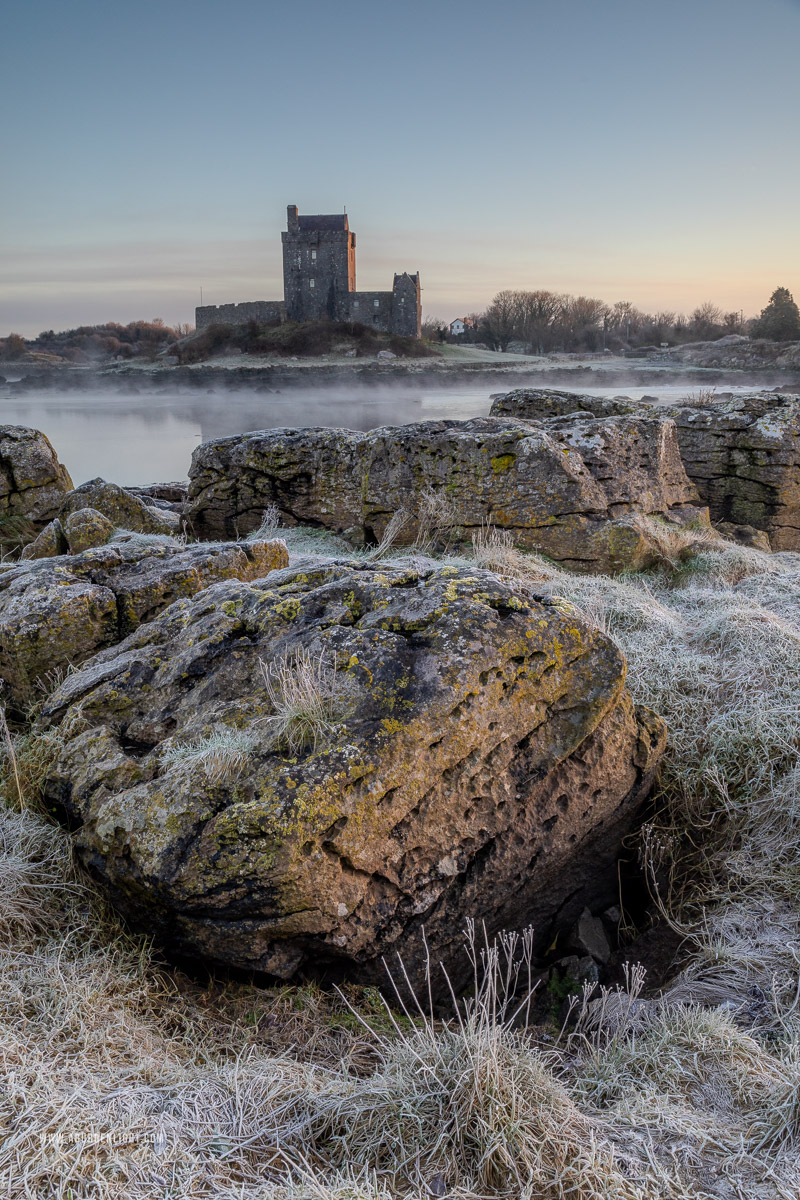 Dunguaire Castle Kinvara Clare Ireland - castle,dunguaire,frost,january,kinvara,mist,sunrise,winter,coast,golden