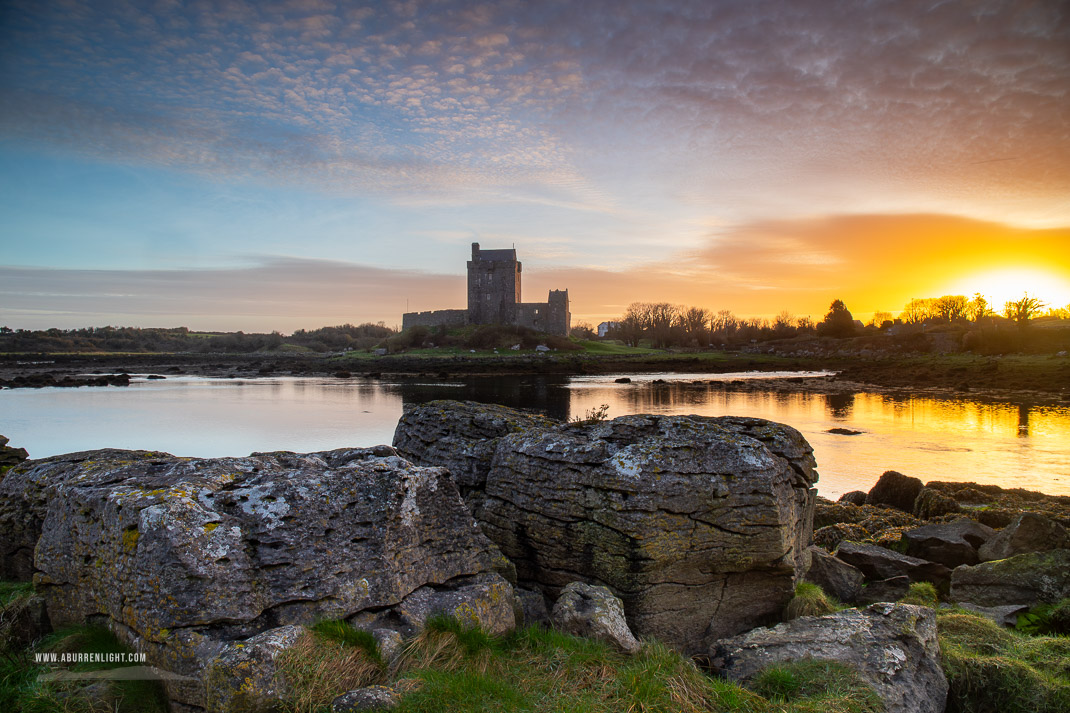 Dunguaire Castle Kinvara Clare Ireland - castle,dunguaire,green algae,kinvara,landmark,march,sunrise,winter,coast,golden