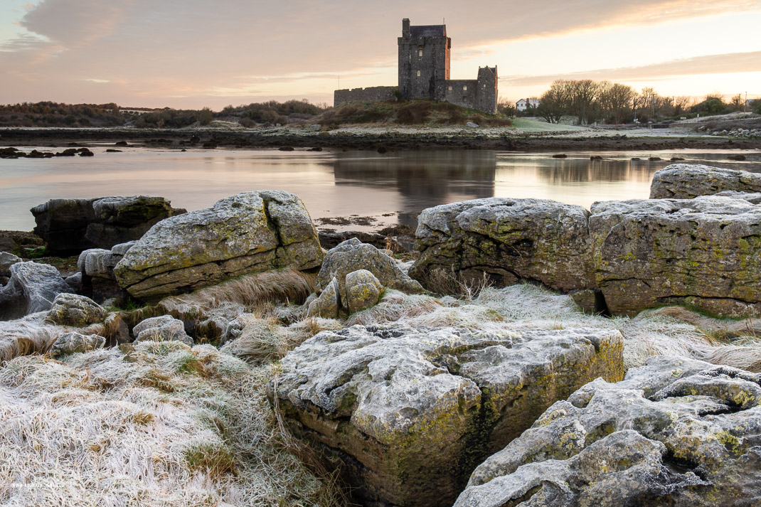 Dunguaire Castle Kinvara Clare Ireland - dunguaire,frost,january,landmark,sunrise,winter,castle,coast