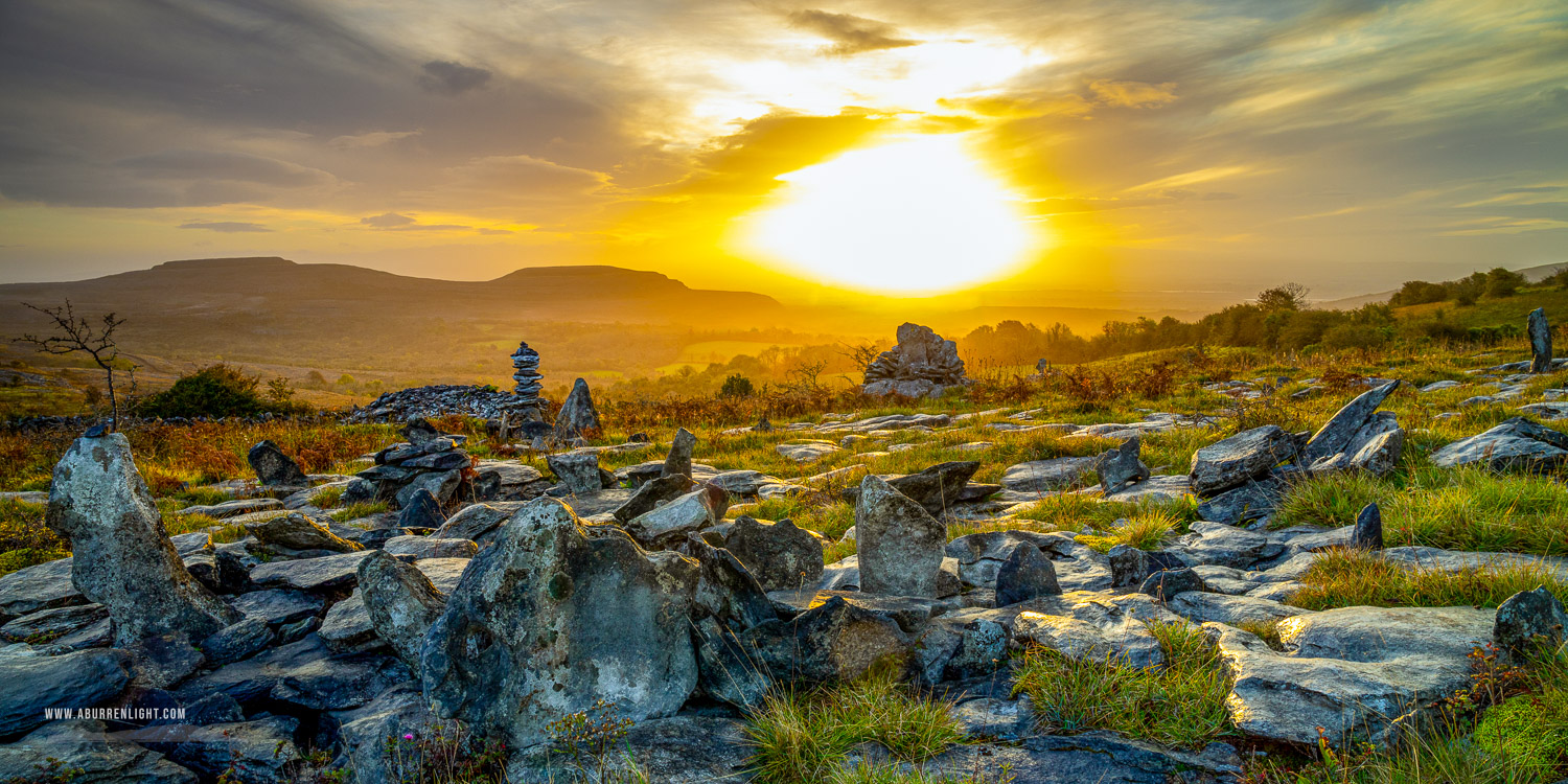 Fahee North Carron Burren East Clare Ireland - autumn,fahee,golden,hills,lone tree,mist,october,panorama,portfolio,prayer,stone,sunrise