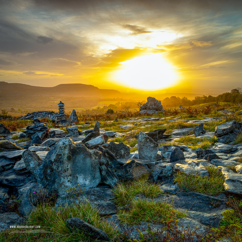 Fahee North Carron Burren East Clare Ireland - autumn,fahee,golden,hills,lone tree,mist,october,portfolio,prayer,square,stone,sunrise