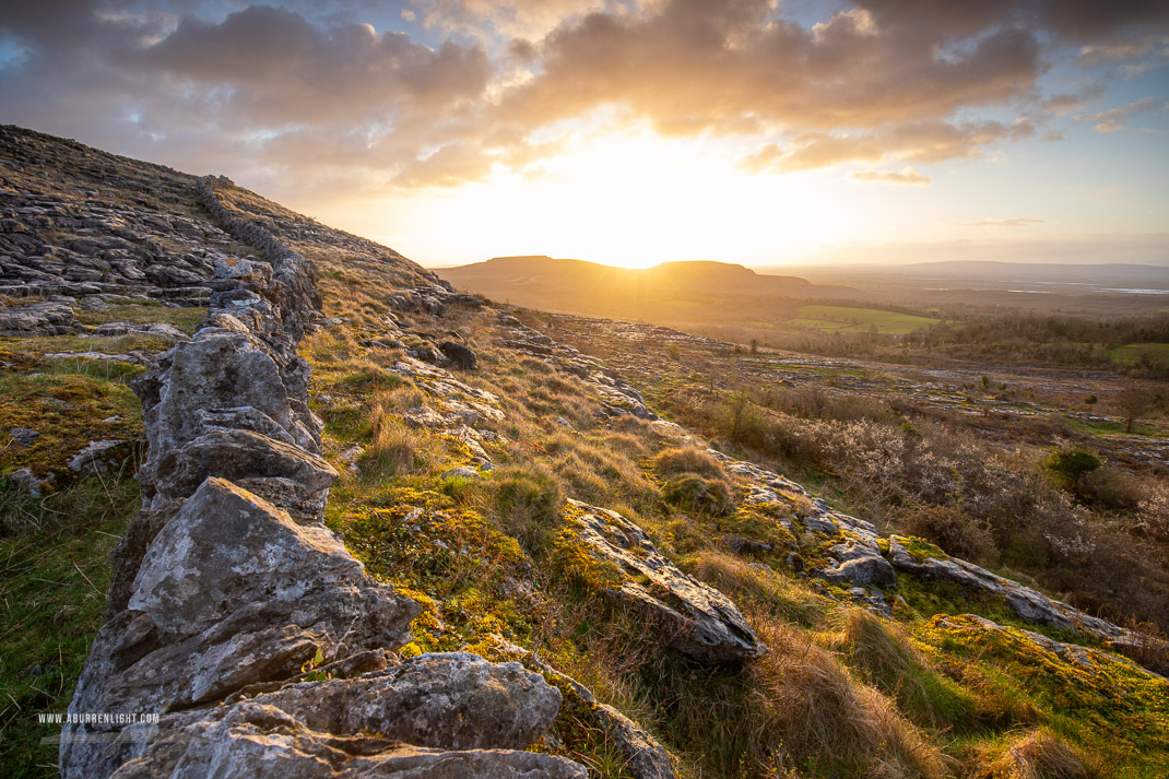 Fahee North Carron Burren East Clare Ireland - april,fahee,spring,sunrise,sunstar,wall,hills,golden