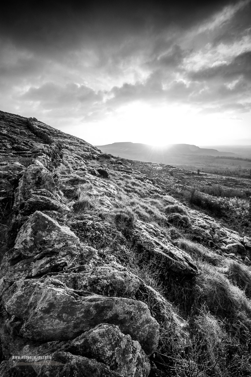 Fahee North Carron Burren East Clare Ireland - april,fahee,hills,spring,sunrise,wall. monochrome