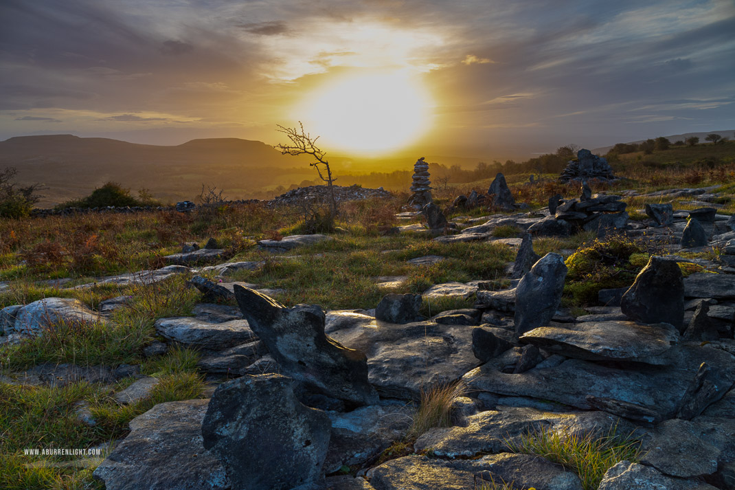 Fahee North Carron Burren East Clare Ireland - autumn,fahee,golden,hills,lone tree,mist,october,prayer,stone,sunrise