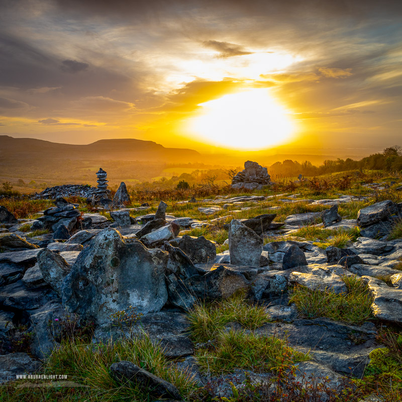 Fahee North Carron Burren East Clare Ireland - autumn,fahee,golden,hills,lone tree,mist,october, prayer,square,stone,sunrise