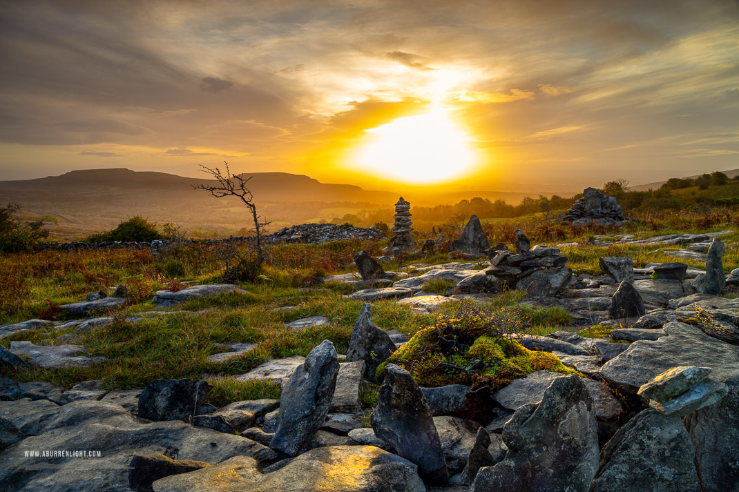 Fahee North Carron Burren East Clare Ireland - autumn,fahee,golden,hills,lone tree,mist,october,portfolio,prayer,stone,sunrise