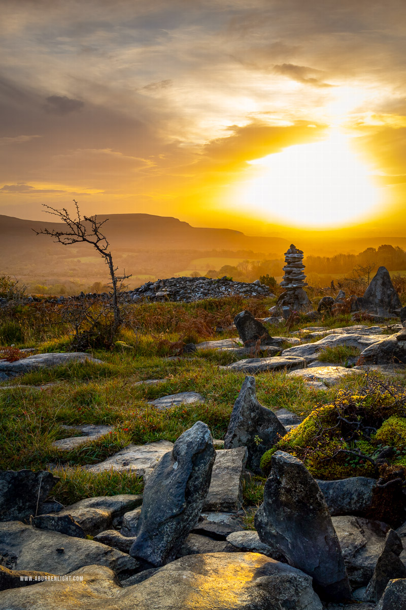 Fahee North Carron Burren East Clare Ireland - autumn,fahee,golden,hills,lone tree,mist,october,prayer,stone,sunrise