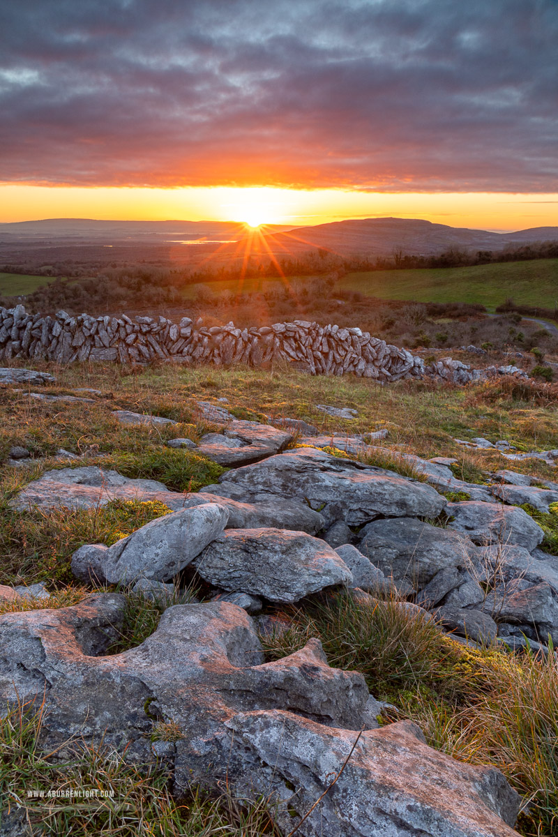 Fahee North Carron Burren East Clare Ireland - autumn,december,fahee,sunrise,sunstar,wall,hills,wall,golden