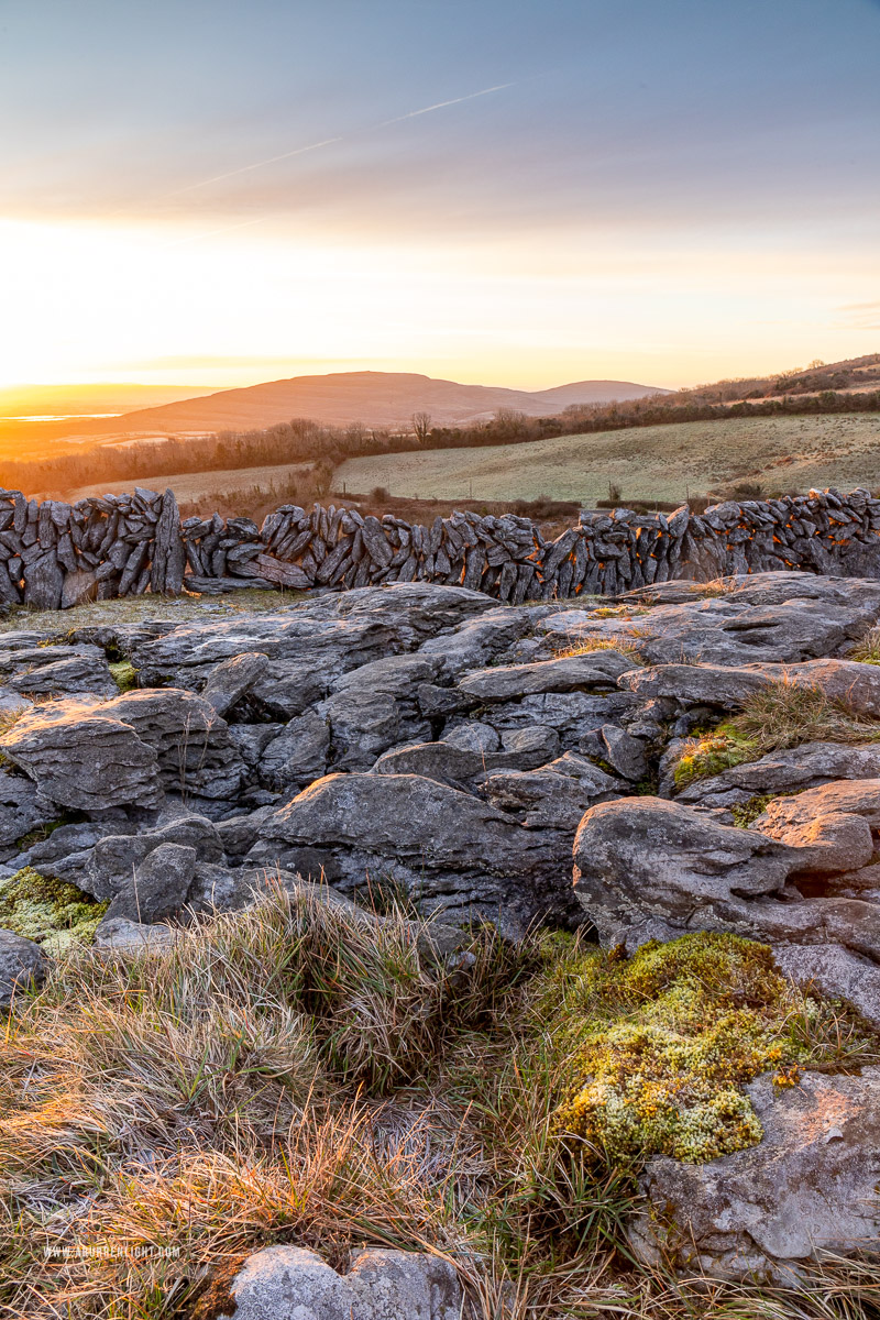 Fahee North Carron Burren East Clare Ireland - fahee,february,frost,golden hour,purple,wall,winter,golden,hills