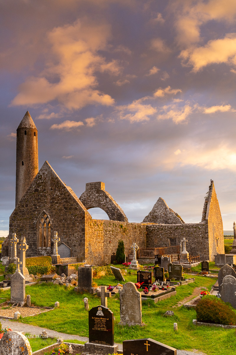 Kilmacduagh Monastery Burren Clare Ireland - church,golden,july,kilmacduagh,landmark,lowlands,summer,sunset