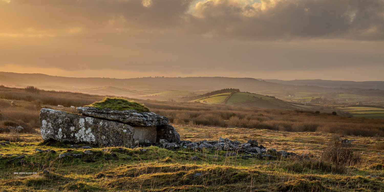 Parknabinnia Wedge Tomb Roughan Hill Kilnaboy Burren Clare Ireland - hills,history,january,landmark,panorama,parknabinnia,roughan,sunset,tomb,wedge tomb,winter,golden