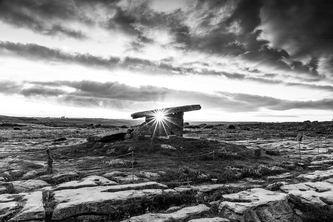 Poulnabrone Dolmen Roughan Hill Burren Clare Ireland - monochrome,golden,hills,july,landmark,poulnabrone,summer,sunset,sunstar,tomb