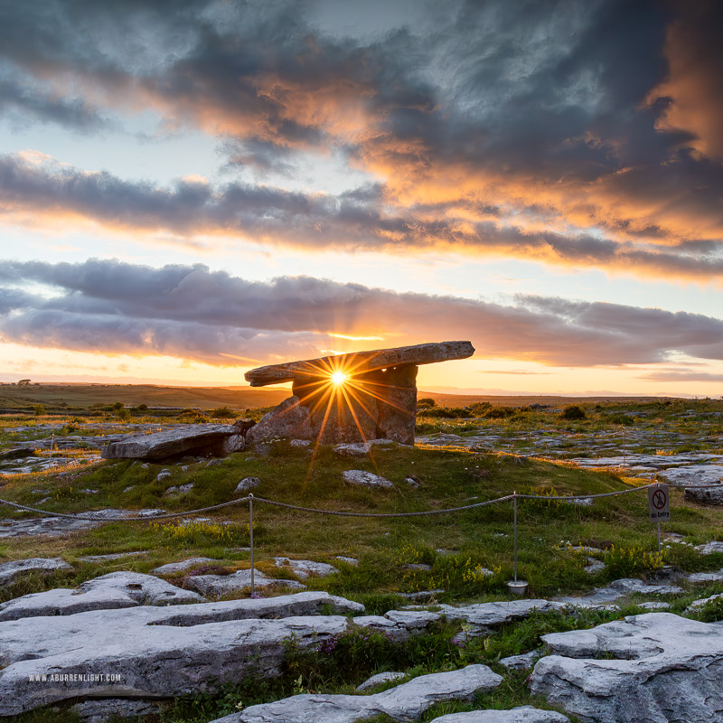 Poulnabrone Dolmen Roughan Hill Burren Clare Ireland - golden,hills,july,landmark,poulnabrone,square,summer,sunset,sunstar,tomb