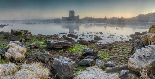 castle,dunguaire,frost,green algae,january,kinvara,mist,panorama,reflections,sunrise,winter,coast,castle