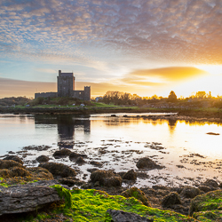 castle,coast,dunguaire,green algae,kinvara,landmark,march,pink,square,sunrise,winter