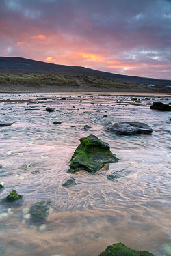 december,fanore,green algae,orange,sunrise,winter,coast,beach