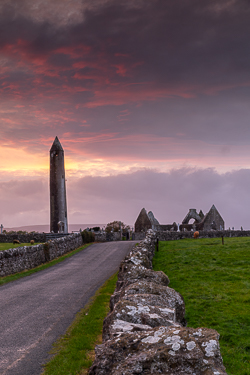 church,gort,kilmacduagh,landmark,pink,september,summer,sunset,tower,lowland