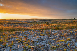 Wide Burren limestone landscape under golden dawn light and sweeping dark clouds