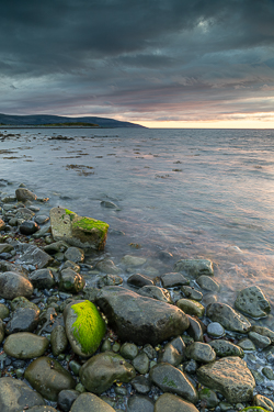 flaggy shore,green algae,july,long exposure,summer,sunset,coast,pebbles,drama