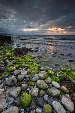 flaggy shore,green algae,july,summer,sunset,coast,drama,grey