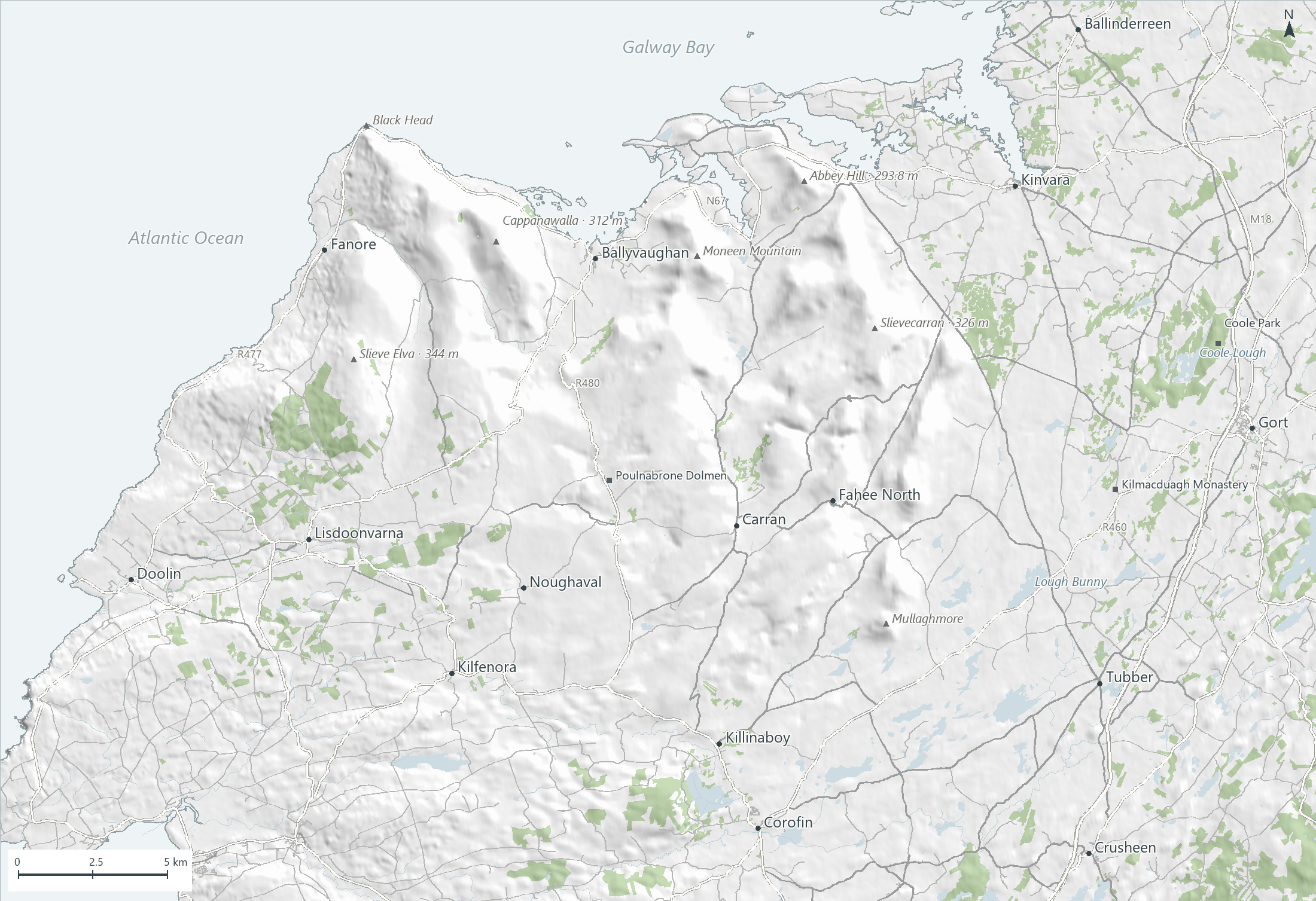 Map of the Burren showing roads, lakes, woodland and hill relief